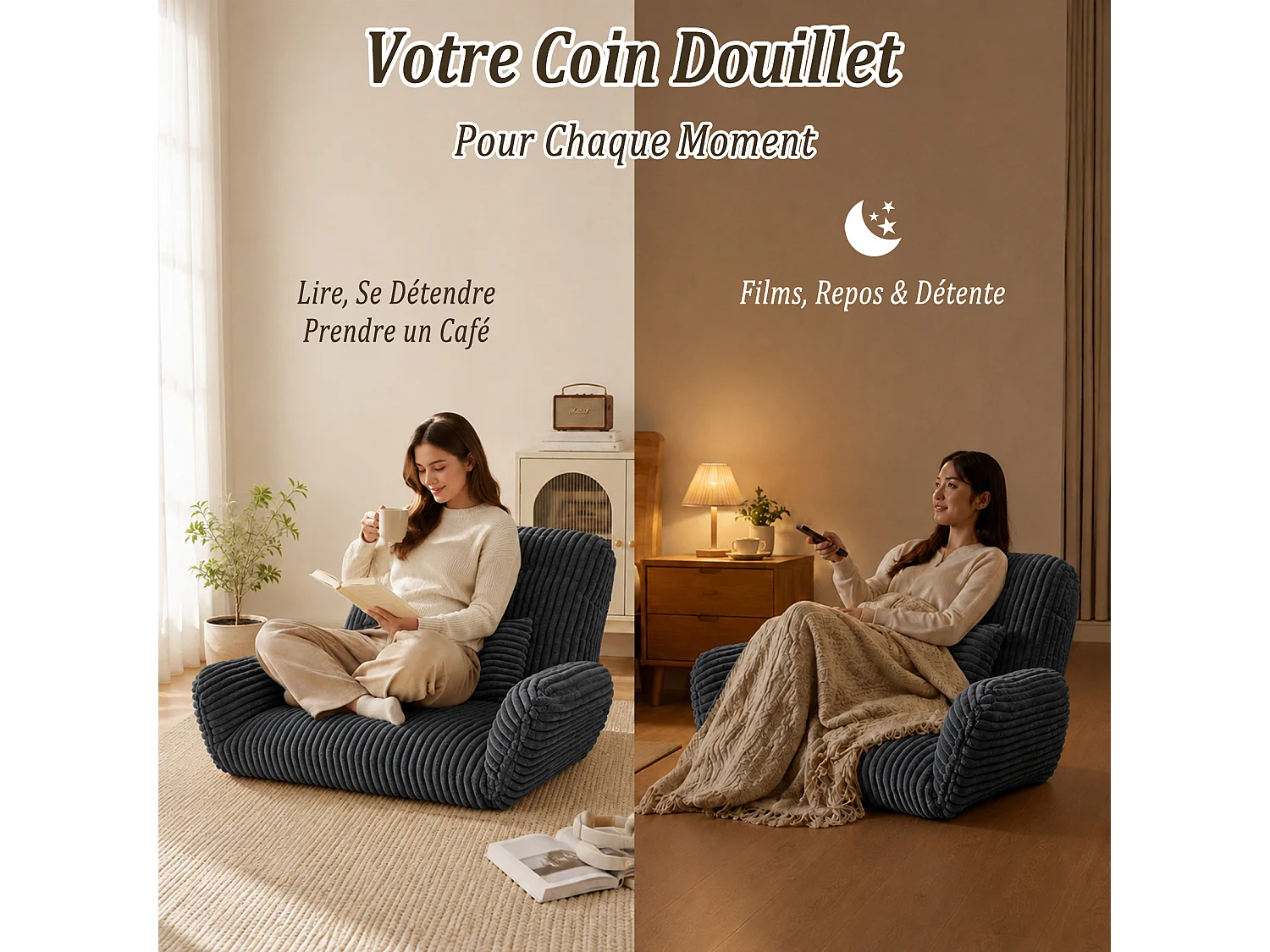 HomeMiYN 3-in-1 relaxbank met verstelbare rugleuning, omvormbare lounge bank tot chaise longue, zachte ribstof en hoogwaardig veerkrachtig schuim, comfortabele bank
