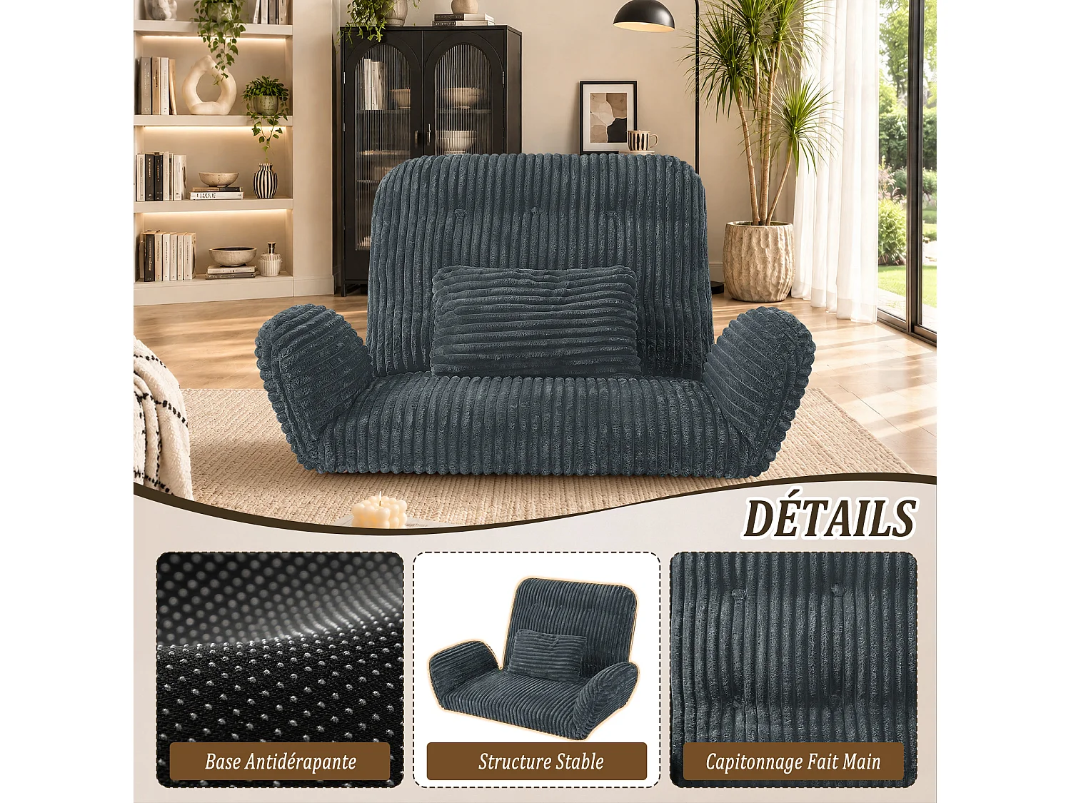 HomeMiYN 3-in-1 relaxbank met verstelbare rugleuning, omvormbare lounge bank tot chaise longue, zachte ribstof en hoogwaardig veerkrachtig schuim, comfortabele bank
