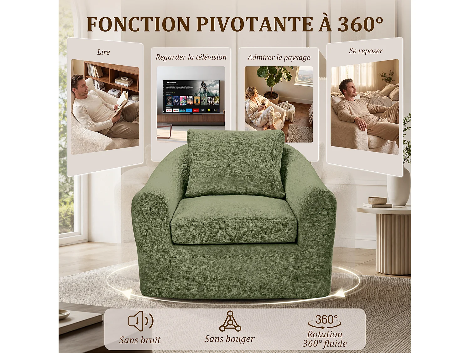 HomeMiYN Cocooning-Drehsessel, komfortabler Lounge-Sessel mit umschließender Sitzfläche, ergonomischer Rückenlehne und 360°-Drehfunktion für das Wohnzimmer