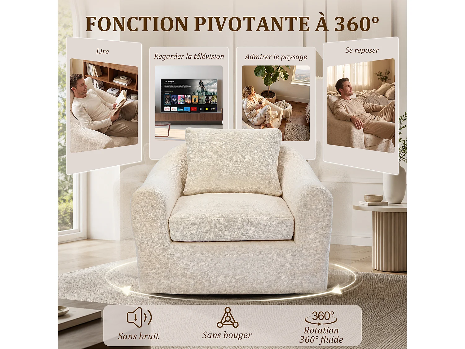 HomeMiYN Cocooning-Drehsessel, komfortabler Lounge-Sessel mit umschließender Sitzfläche, ergonomischer Rückenlehne und 360°-Drehfunktion für das Wohnzimmer