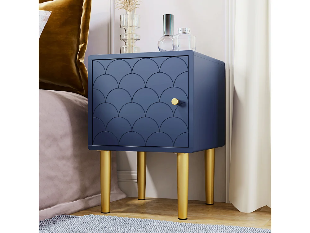 Comodino blu scuro motivo a scaglie di pesce, piedini in metallo, legno, 50 cm, design
