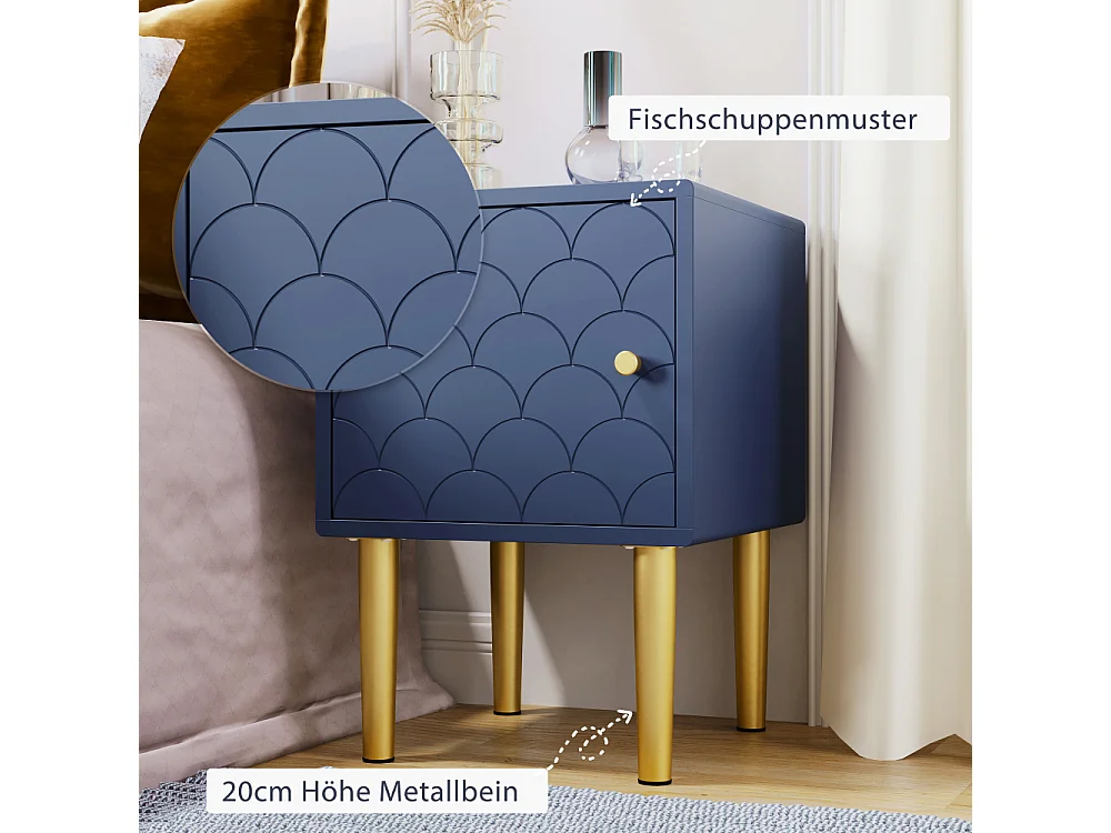 Comodino blu scuro motivo a scaglie di pesce, piedini in metallo, legno, 50 cm, design