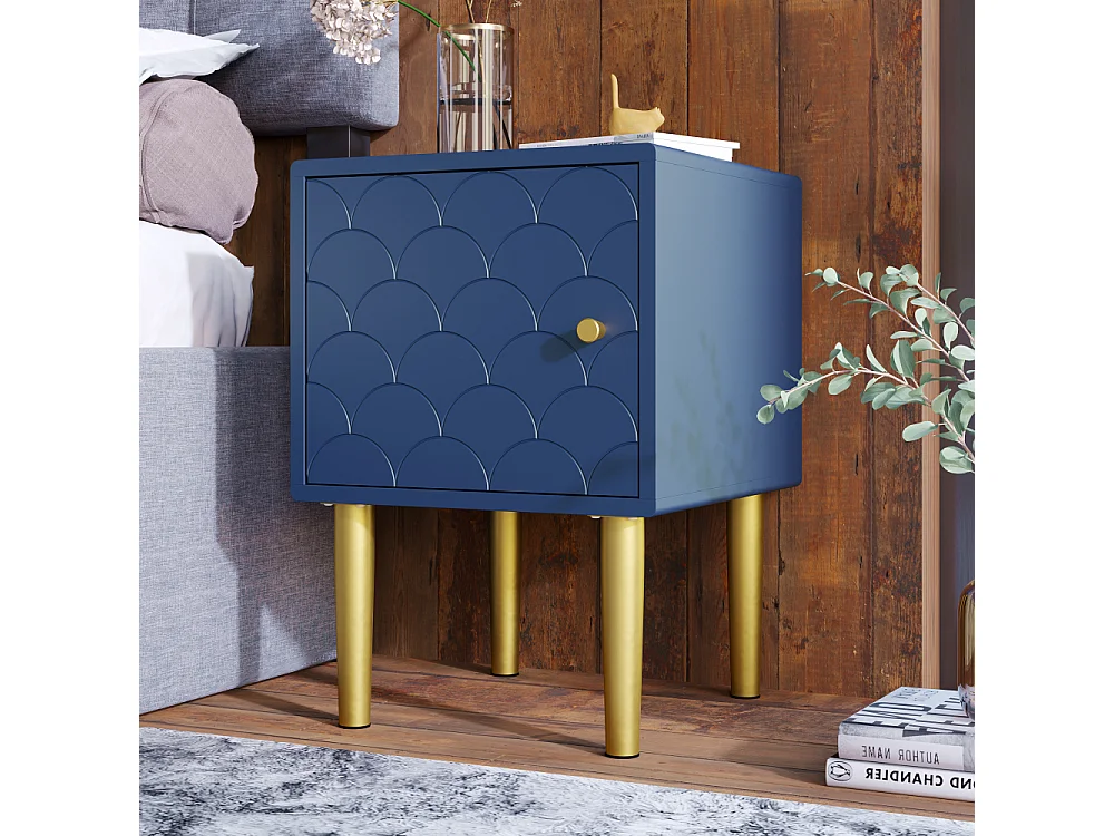 Comodino blu scuro motivo a scaglie di pesce, piedini in metallo, legno, 50 cm, design