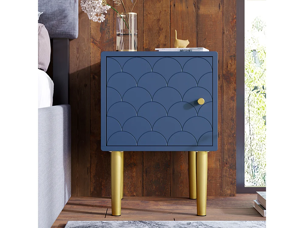 Comodino blu scuro motivo a scaglie di pesce, piedini in metallo, legno, 50 cm, design