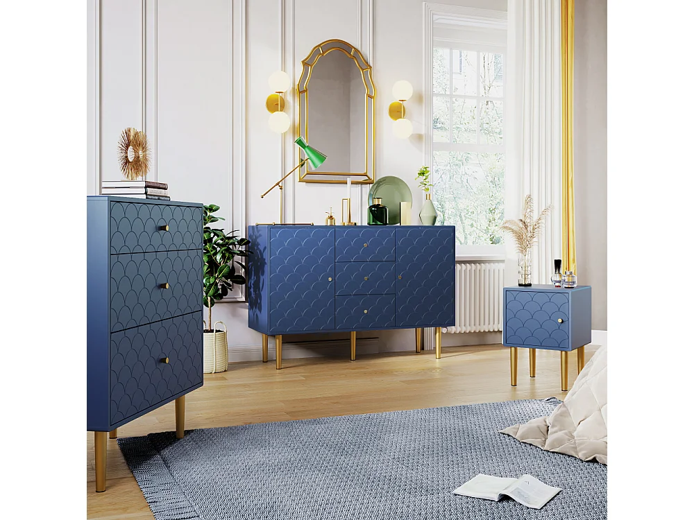 Comodino blu scuro motivo a scaglie di pesce, piedini in metallo, legno, 50 cm, design