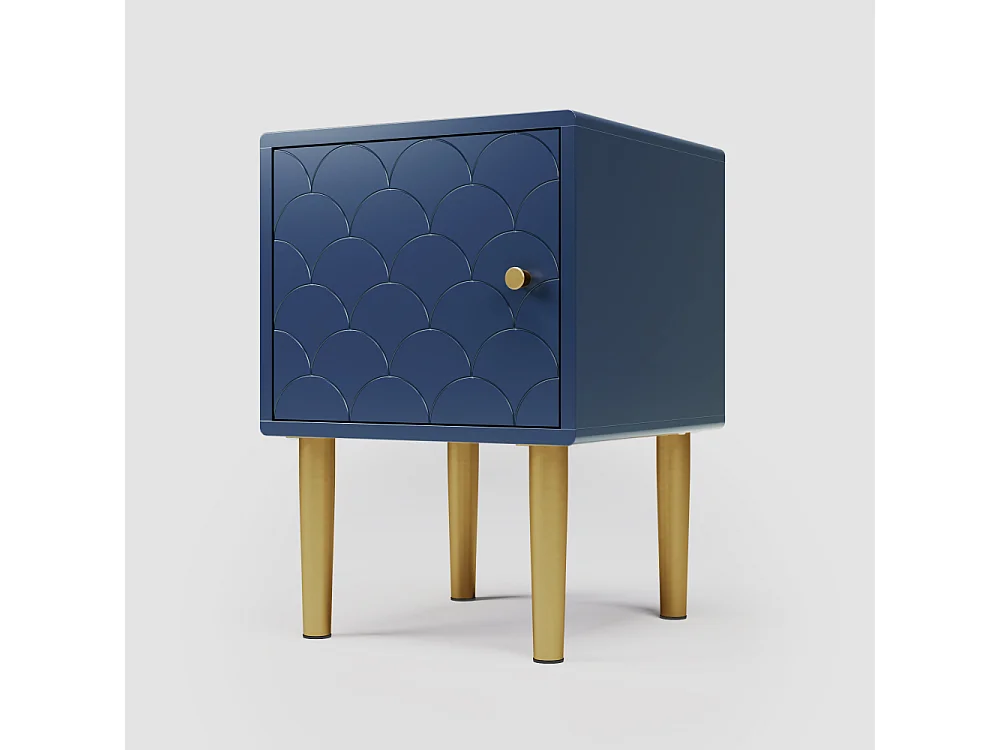 Lote de 2 mesillas de noche azul marino motivo escamas de pez, madera y patas metálicas, 50 cm, diseño premium para dormitorio