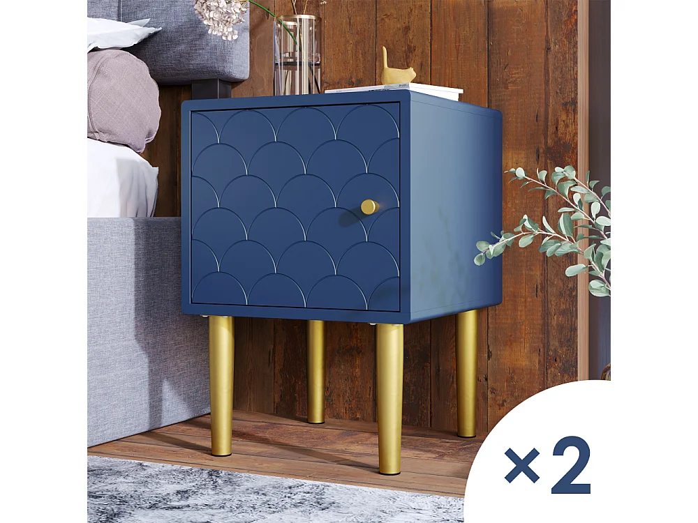 Lote de 2 mesillas de noche azul marino motivo escamas de pez, madera y patas metálicas, 50 cm, diseño premium para dormitorio