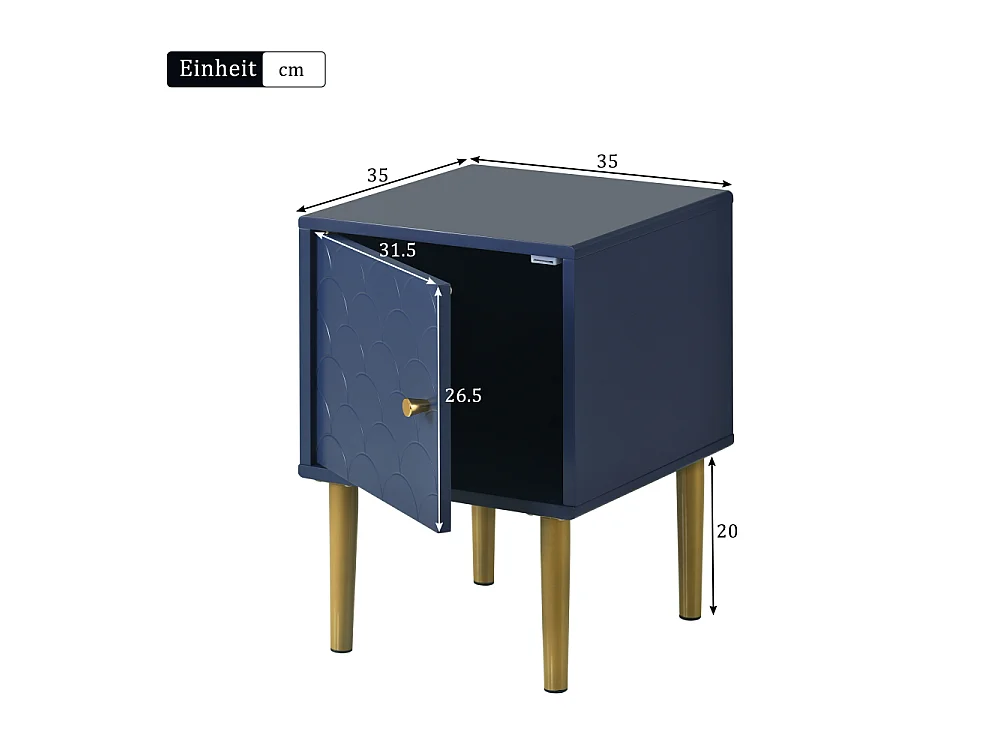Lote de 2 mesillas de noche azul marino motivo escamas de pez, madera y patas metálicas, 50 cm, diseño premium para dormitorio