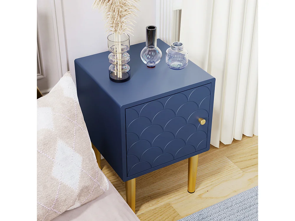 Lote de 2 mesillas de noche azul marino motivo escamas de pez, madera y patas metálicas, 50 cm, diseño premium para dormitorio