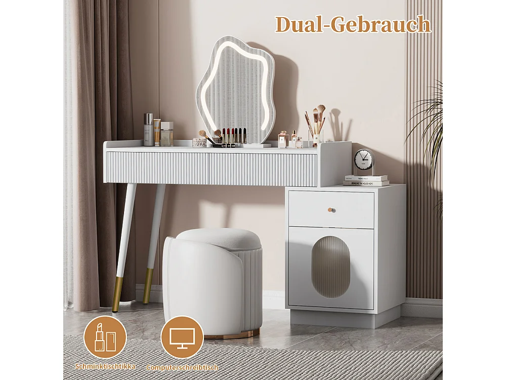 Weißer Schminktisch mit LED-beleuchtetem Spiegel, 3 Schubladen, Beistellschrank, moderner Schminktisch 100 cm