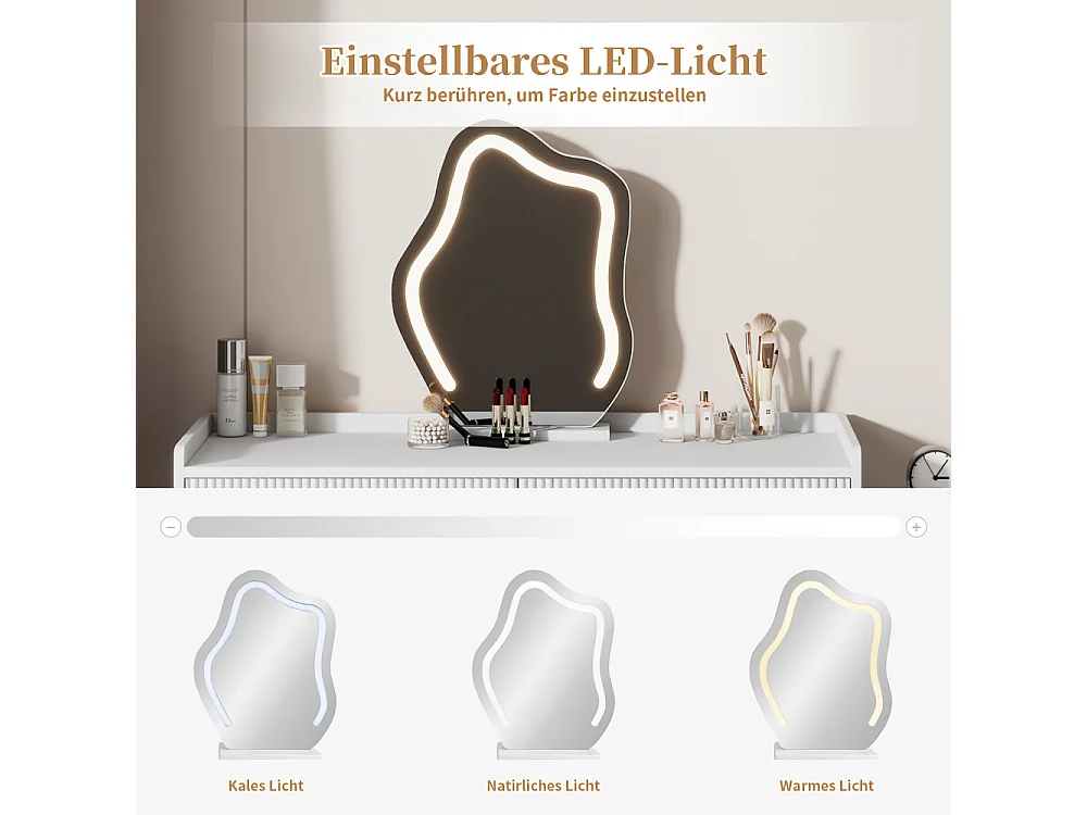 Weißer Schminktisch mit LED-beleuchtetem Spiegel, 3 Schubladen, Beistellschrank, moderner Schminktisch 100 cm