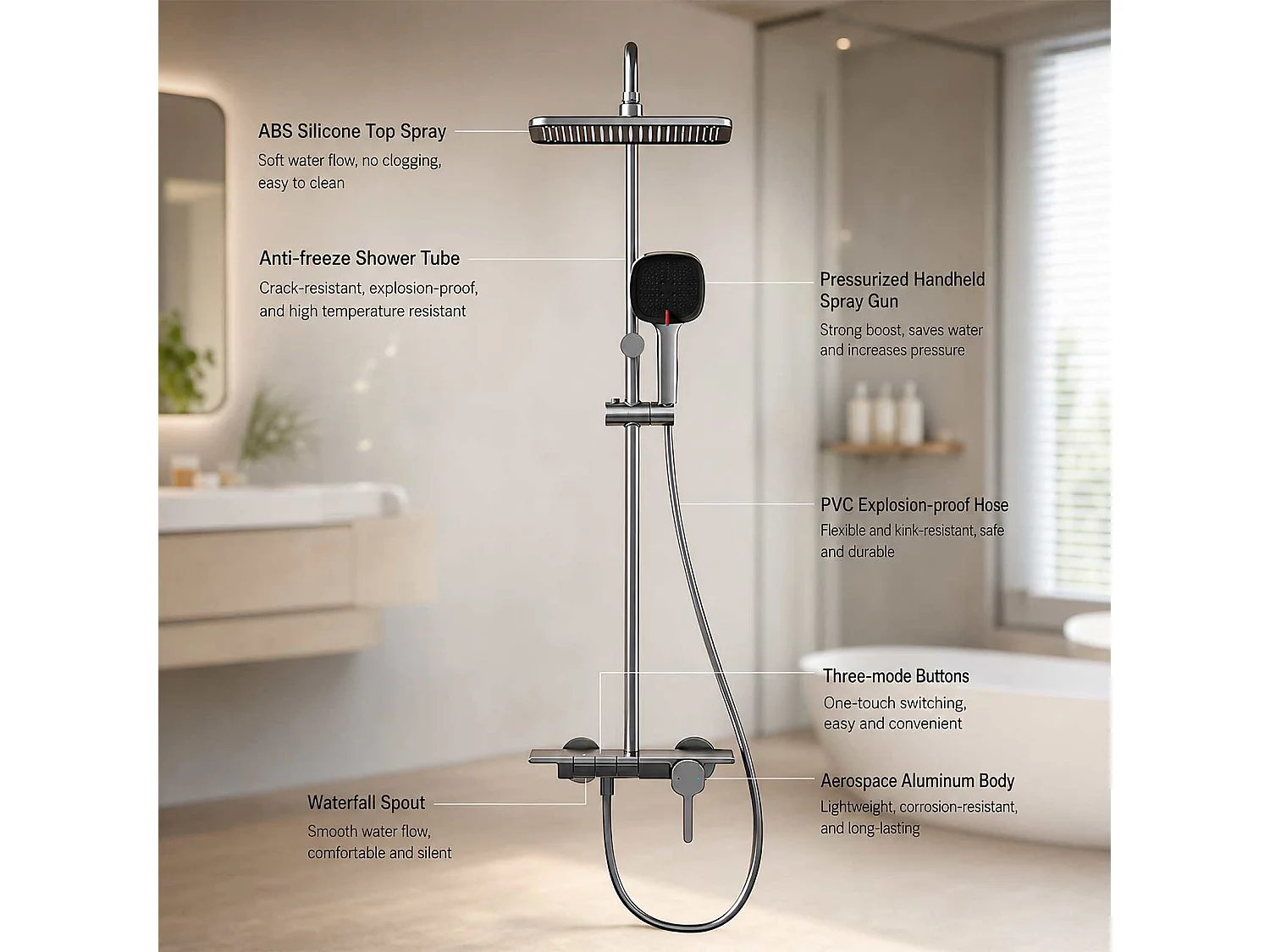 Douche colonne multifonctionnelle en aluminium avec mitigeur céramique, pommeau pluie, douchette et bec cascade