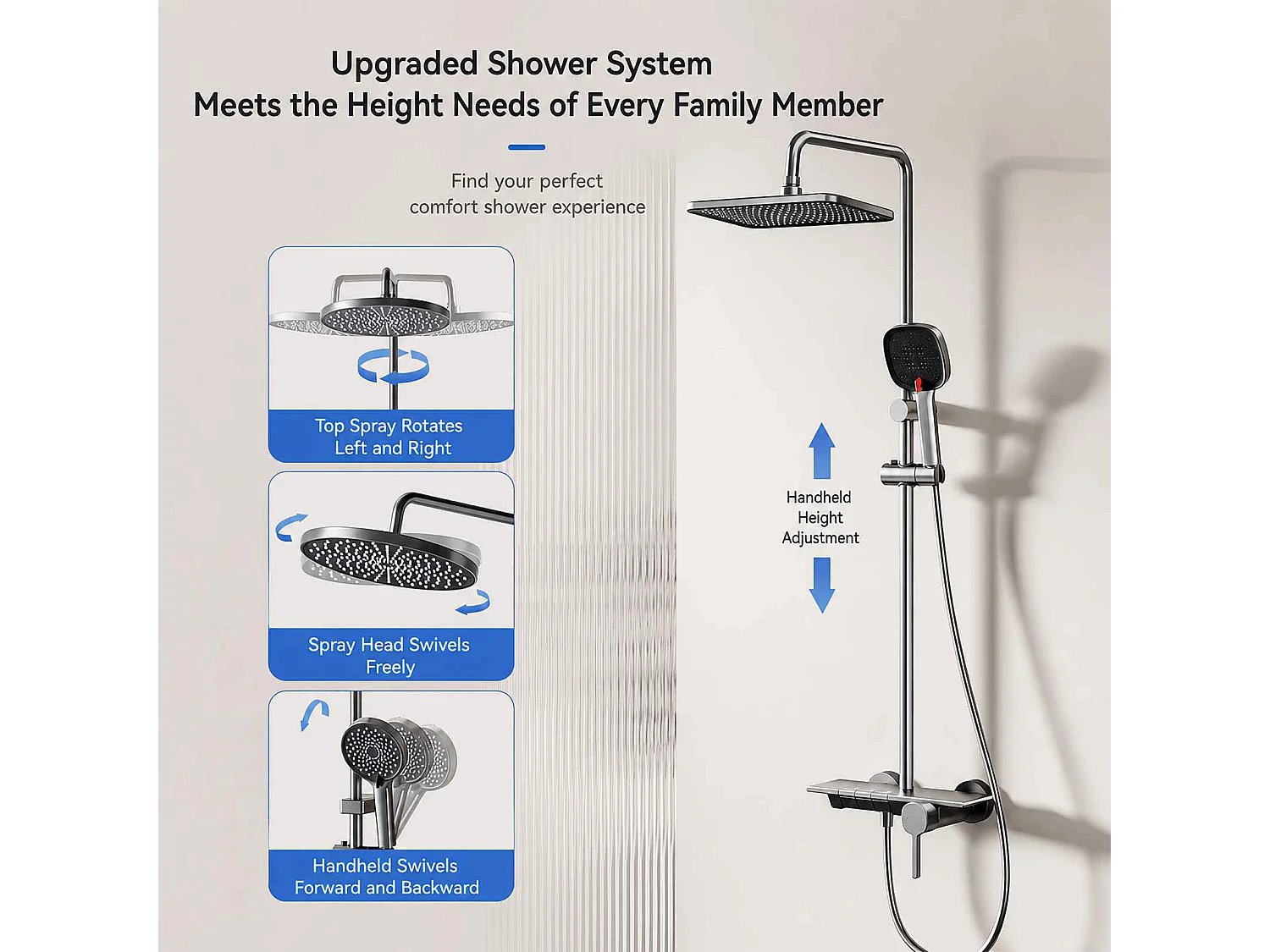 Douche colonne multifonctionnelle en aluminium avec mitigeur céramique, pommeau pluie, douchette et bec cascade