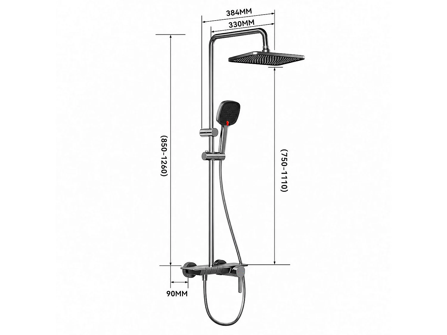 Douche colonne multifonctionnelle en aluminium avec mitigeur céramique, pommeau pluie, douchette et bec cascade