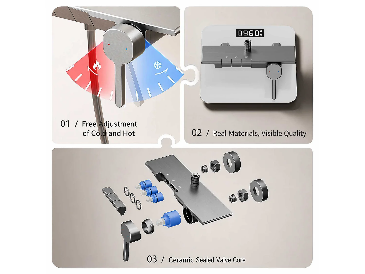 Douche colonne multifonctionnelle en aluminium avec mitigeur céramique, pommeau pluie, douchette et bec cascade