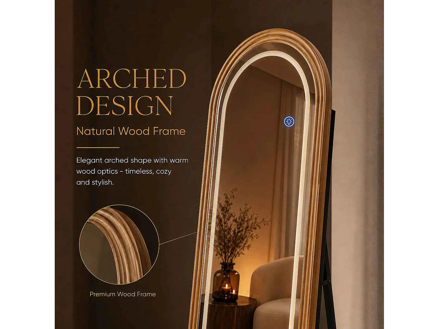 Massief houten staande LED-spiegel 160x50 cm boogvorm 3 verstelbare lichttemperaturen touch slaapkamer kleedkamer