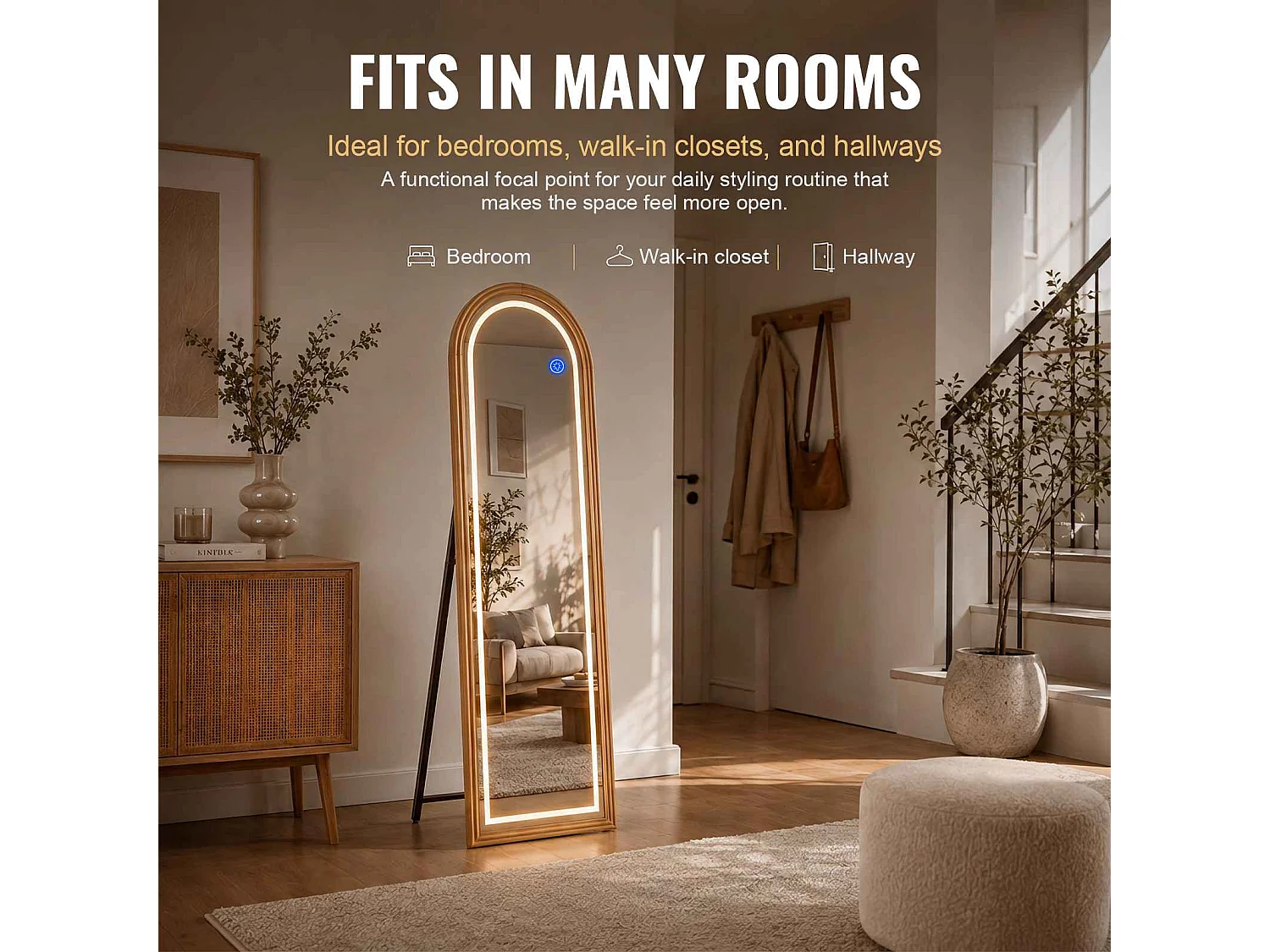Massief houten staande LED-spiegel 160x50 cm boogvorm 3 verstelbare lichttemperaturen touch slaapkamer kleedkamer
