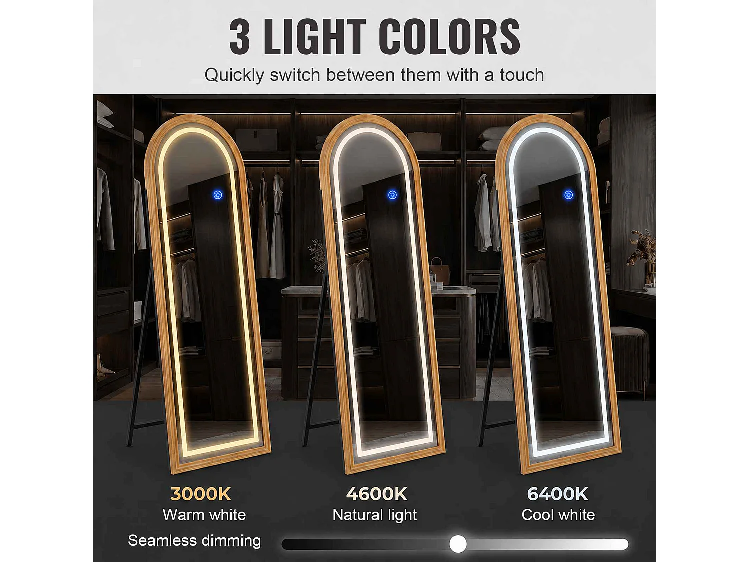 Massief houten staande LED-spiegel 160x50 cm boogvorm 3 verstelbare lichttemperaturen touch slaapkamer kleedkamer