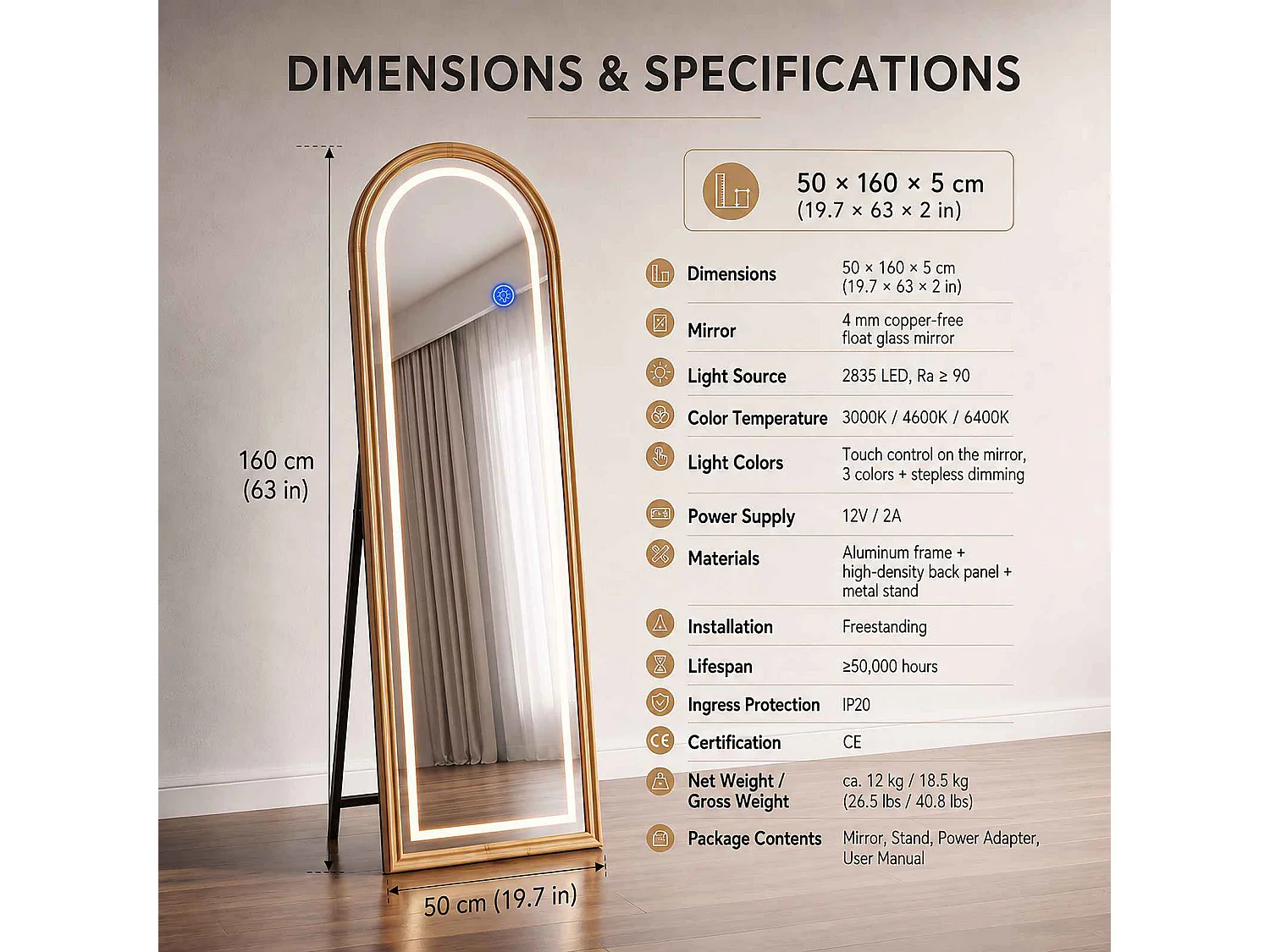 Massief houten staande LED-spiegel 160x50 cm boogvorm 3 verstelbare lichttemperaturen touch slaapkamer kleedkamer