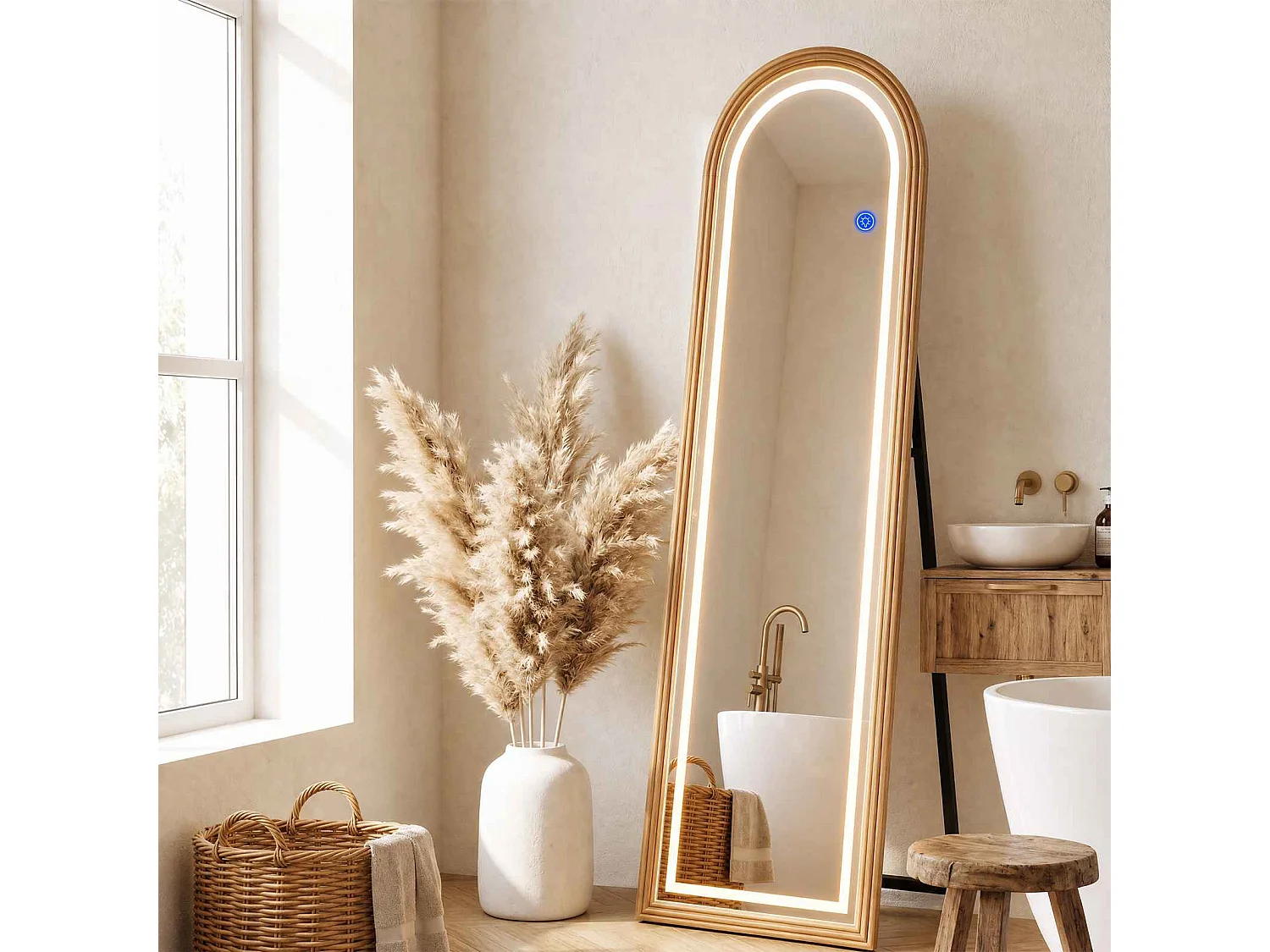 Massief houten staande LED-spiegel 160x50 cm boogvorm 3 verstelbare lichttemperaturen touch slaapkamer kleedkamer