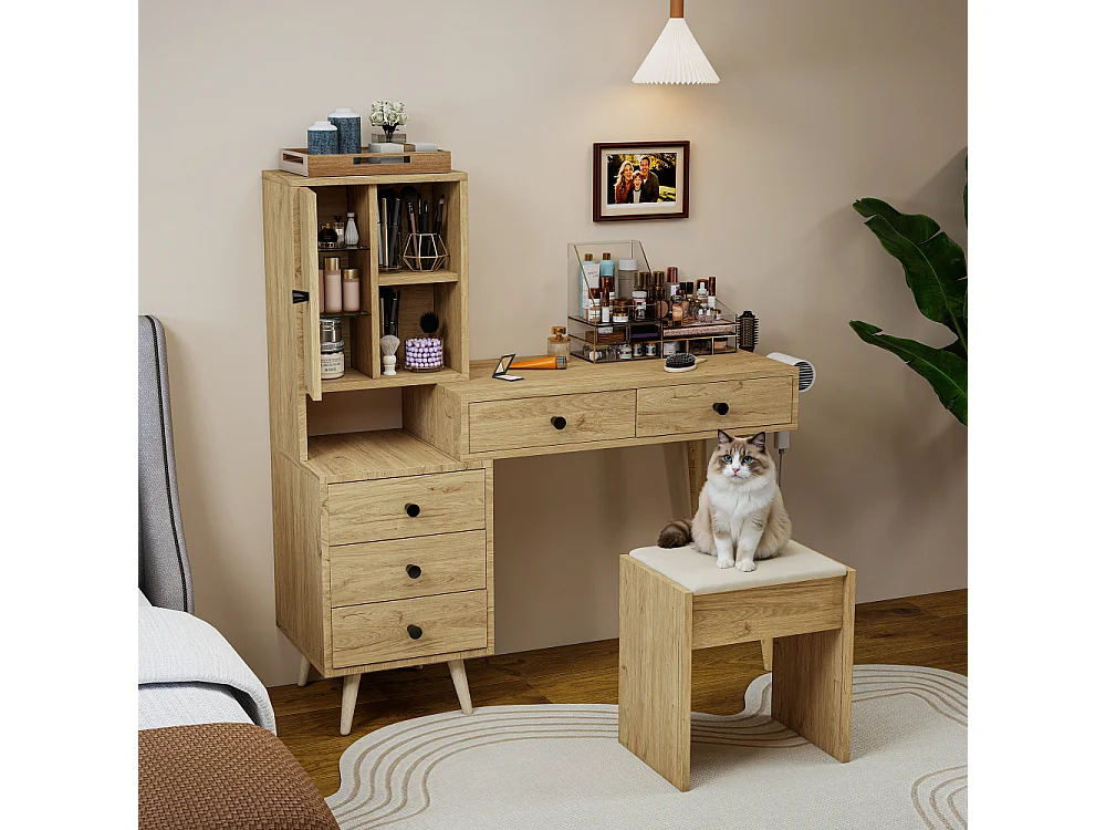 Moderner Schminktisch mit ausziehbarem Spiegel, 5 Schubladen, Beistellschrank und Hocker in Beige für Schlafzimmer