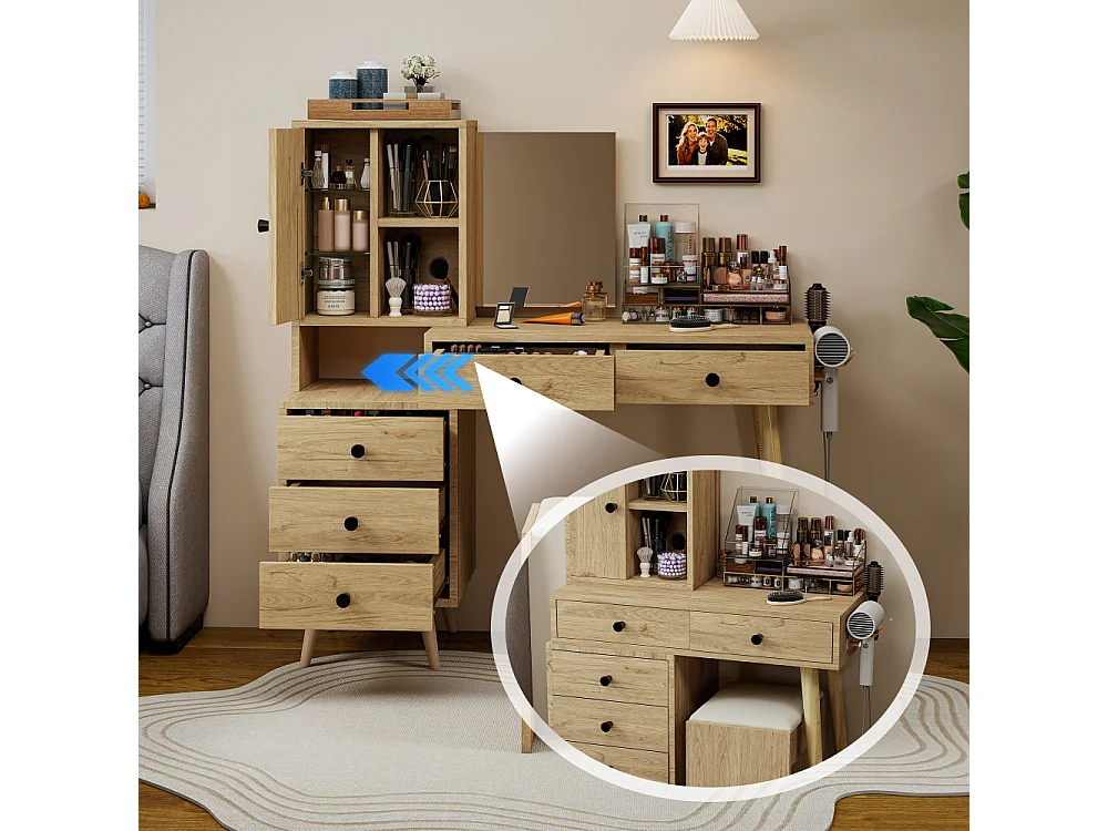Moderner Schminktisch mit ausziehbarem Spiegel, 5 Schubladen, Beistellschrank und Hocker in Beige für Schlafzimmer