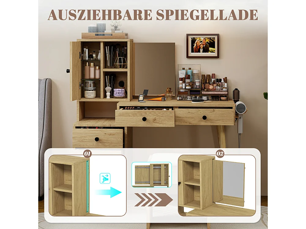 Moderner Schminktisch mit ausziehbarem Spiegel, 5 Schubladen, Beistellschrank und Hocker in Beige für Schlafzimmer
