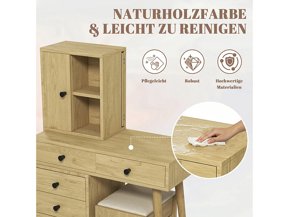 Moderner Schminktisch mit ausziehbarem Spiegel, 5 Schubladen, Beistellschrank und Hocker in Beige für Schlafzimmer