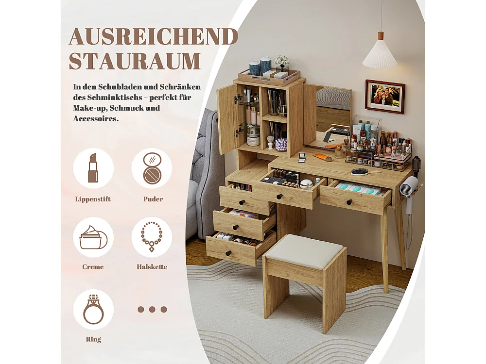 Moderner Schminktisch mit ausziehbarem Spiegel, 5 Schubladen, Beistellschrank und Hocker in Beige für Schlafzimmer