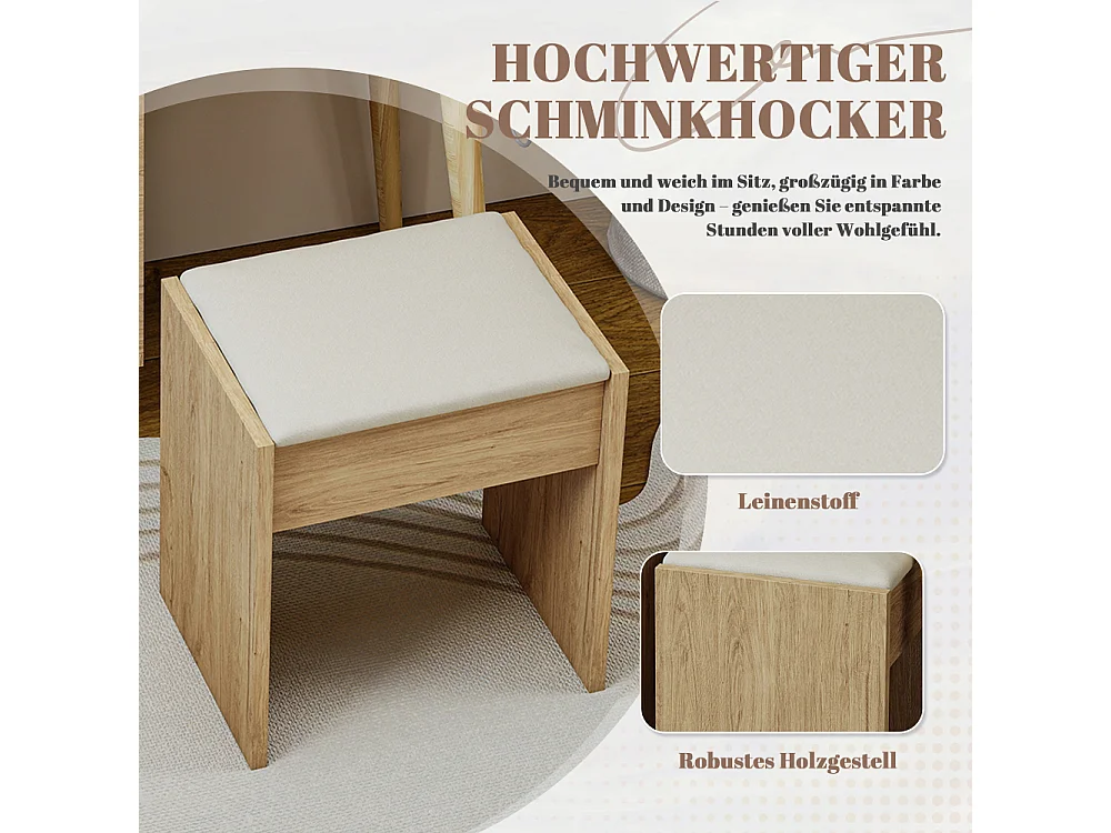 Moderner Schminktisch mit ausziehbarem Spiegel, 5 Schubladen, Beistellschrank und Hocker in Beige für Schlafzimmer