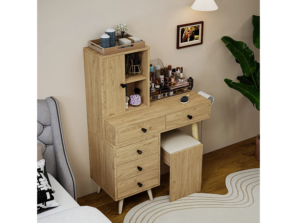 Moderner Schminktisch mit ausziehbarem Spiegel, 5 Schubladen, Beistellschrank und Hocker in Beige für Schlafzimmer