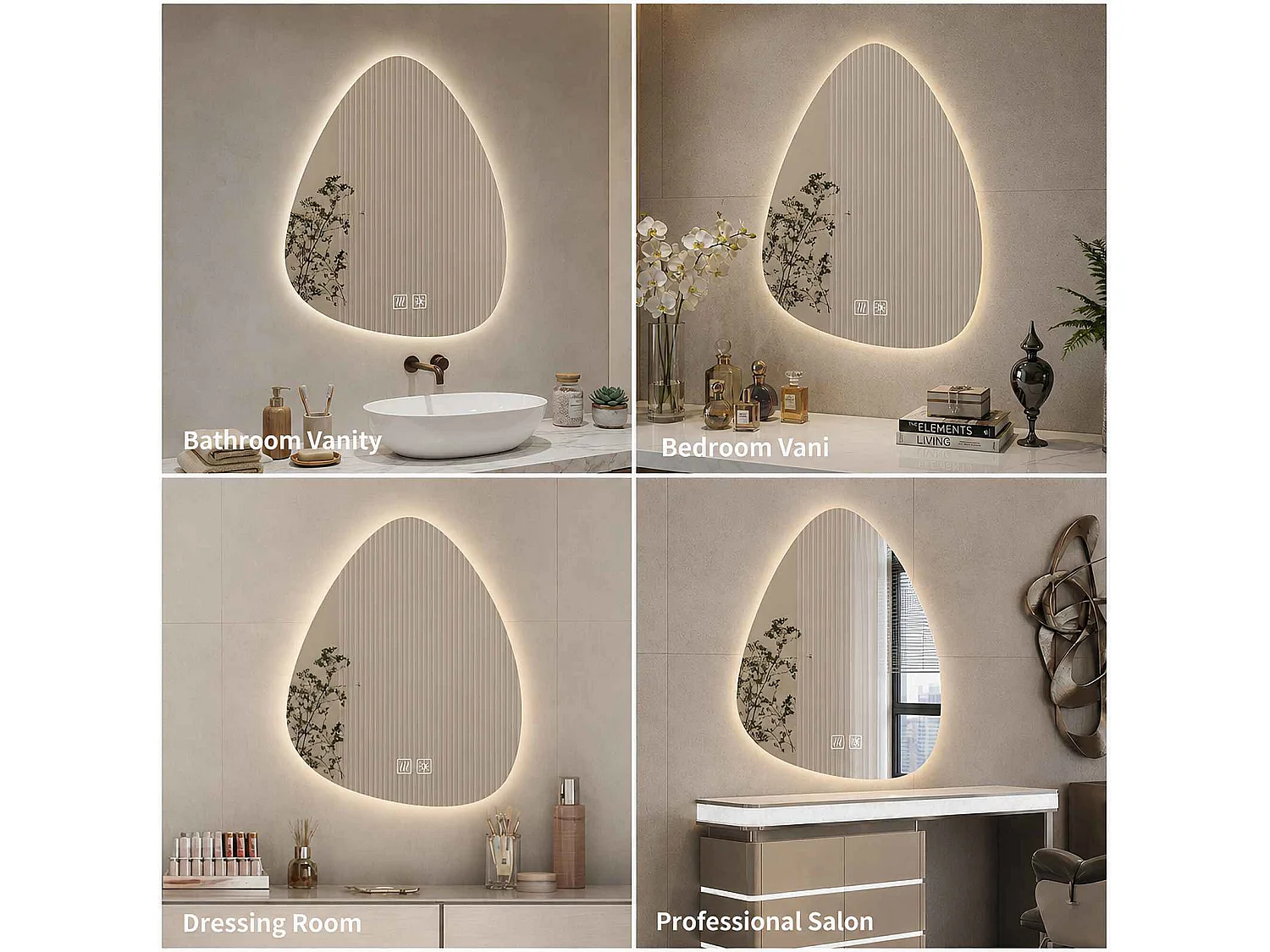 Asymmetrische badkamerspiegel met LED-sfeerverlichting 50x70 cm, anticondens en touch