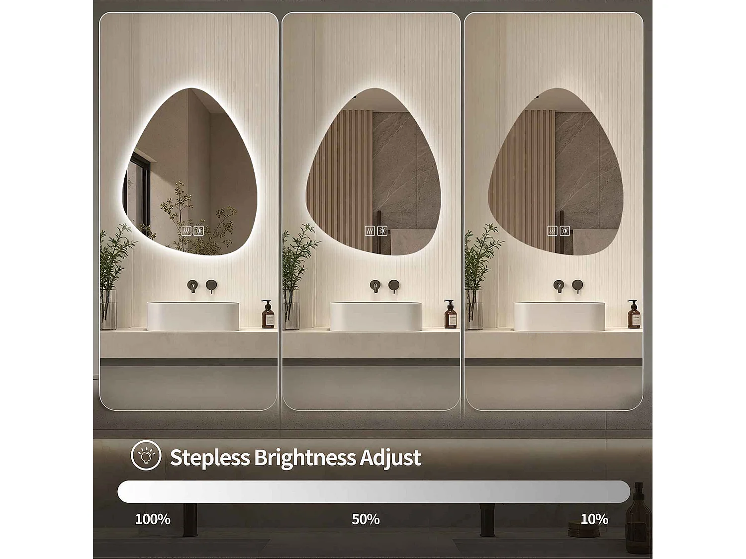 Asymmetrische badkamerspiegel met LED-sfeerverlichting 50x70 cm, anticondens en touch