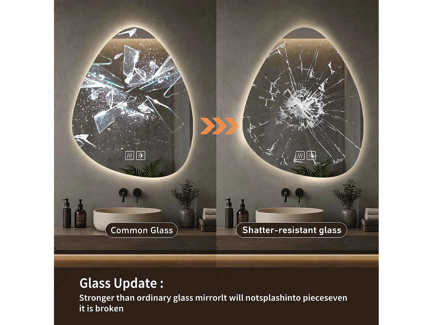 Asymmetrische badkamerspiegel met LED-sfeerverlichting 50x70 cm, anticondens en touch