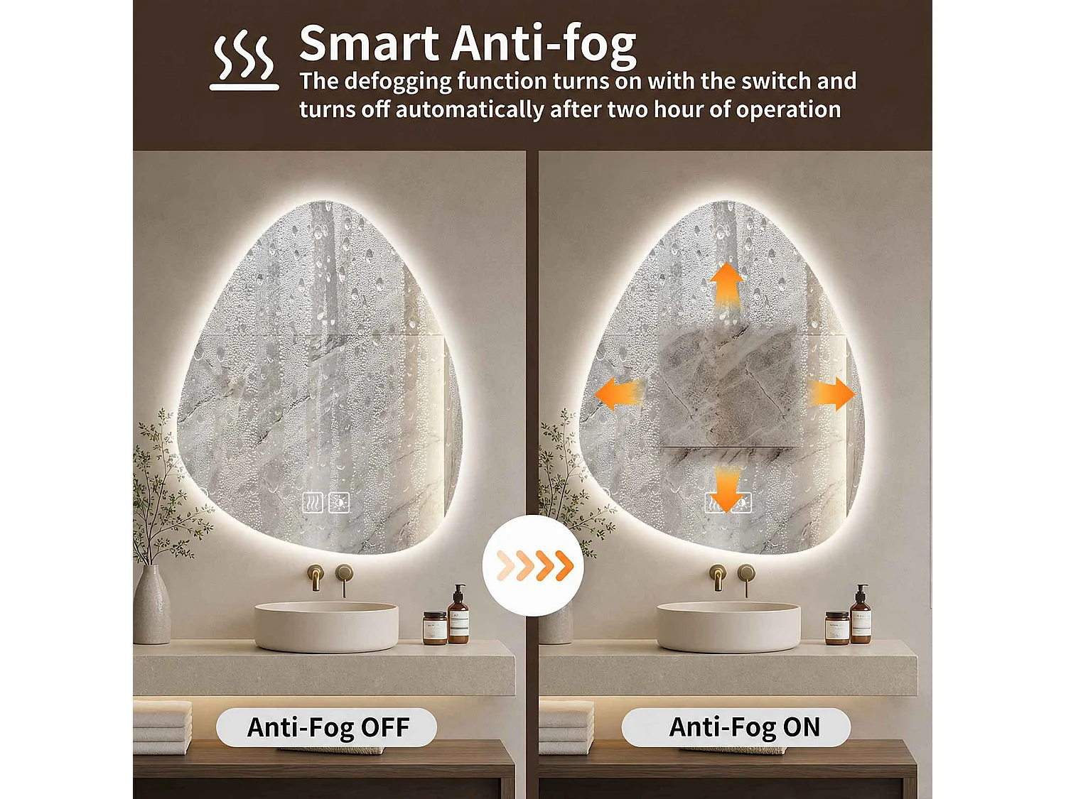 Asymmetrische badkamerspiegel met LED-sfeerverlichting 50x70 cm, anticondens en touch