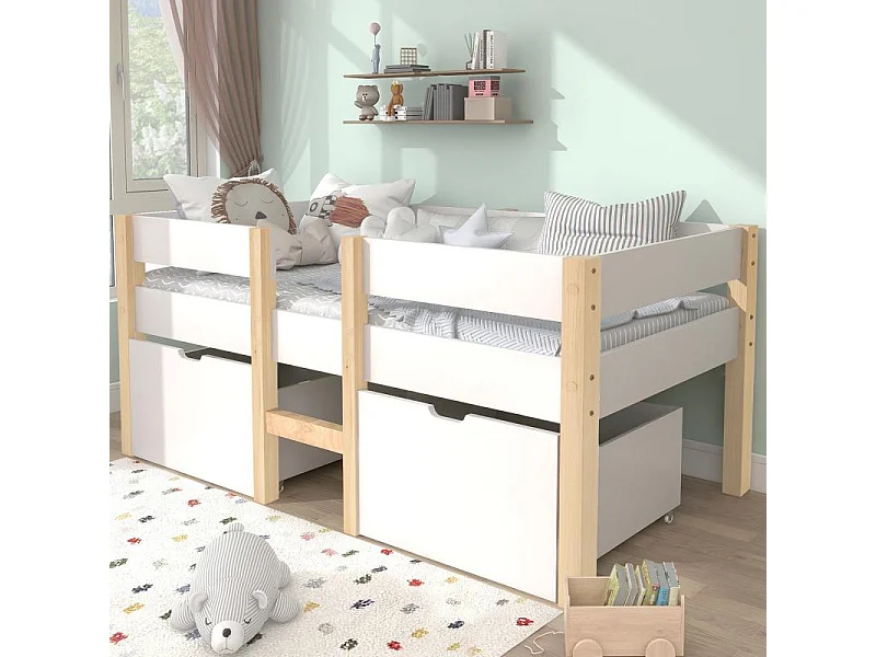 Letto per bambini con protezione anticaduta, pino massello, 90×190, bianco & rovere, semi-alto, contenitore, scandinavo