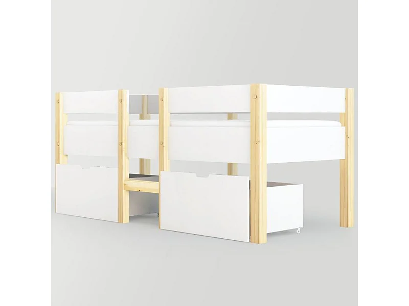 Letto per bambini con protezione anticaduta, pino massello, 90×190, bianco & rovere, semi-alto, contenitore, scandinavo