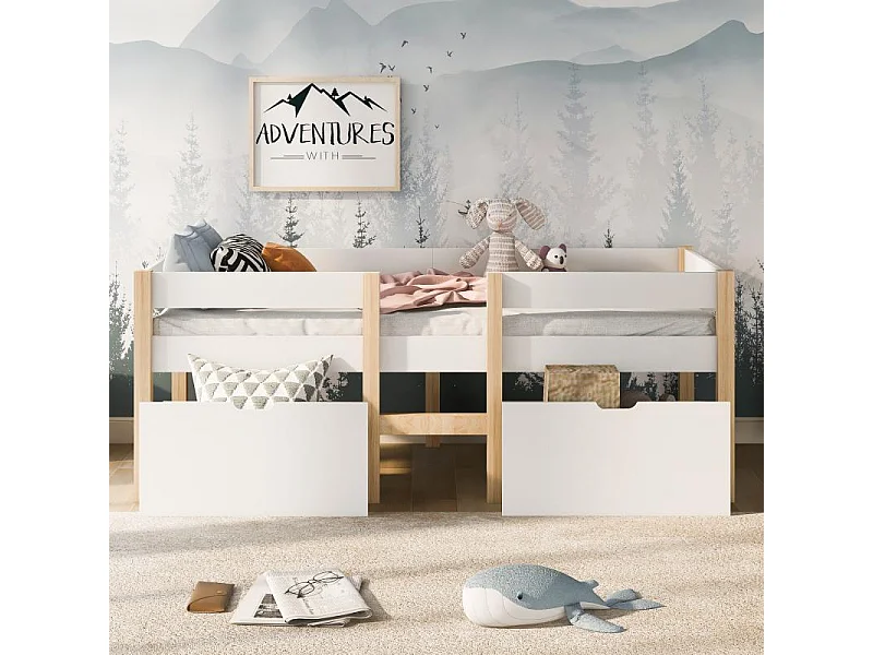 Letto per bambini con protezione anticaduta, pino massello, 90×190, bianco & rovere, semi-alto, contenitore, scandinavo