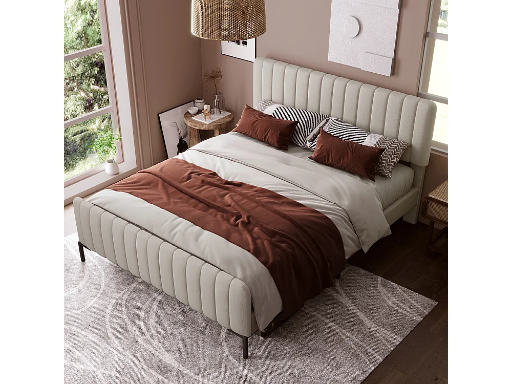 Cama individual 160×200 cm en lino gris-beige, colchón 720 muelles y cabecero ergonómico regulable