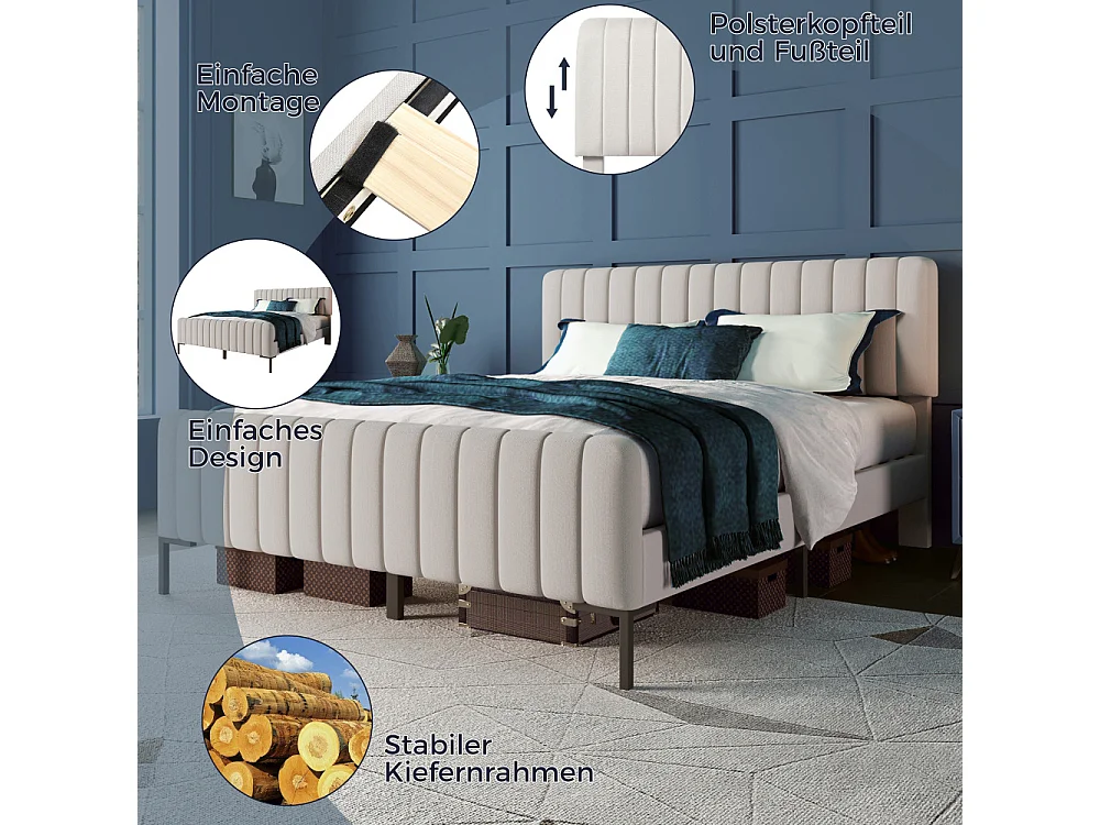 Cama individual 160×200 cm en lino gris-beige, colchón 720 muelles y cabecero ergonómico regulable