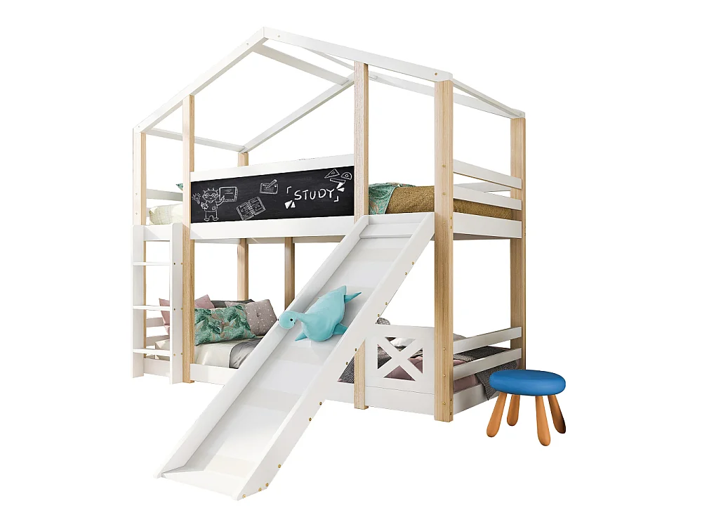 Boomhut kinderbed 90x200 cm met glijbaan opbergladder EN747 wit grenenhout