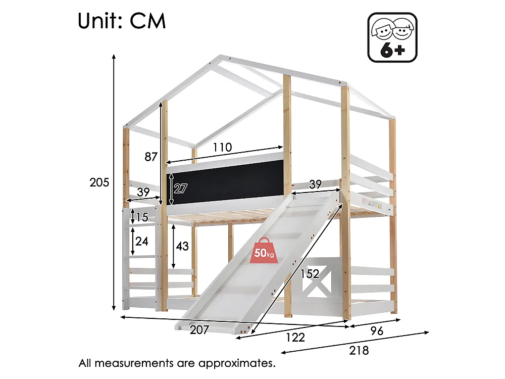 Boomhut kinderbed 90x200 cm met glijbaan opbergladder EN747 wit grenenhout