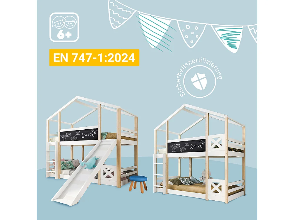 Boomhut kinderbed 90x200 cm met glijbaan opbergladder EN747 wit grenenhout