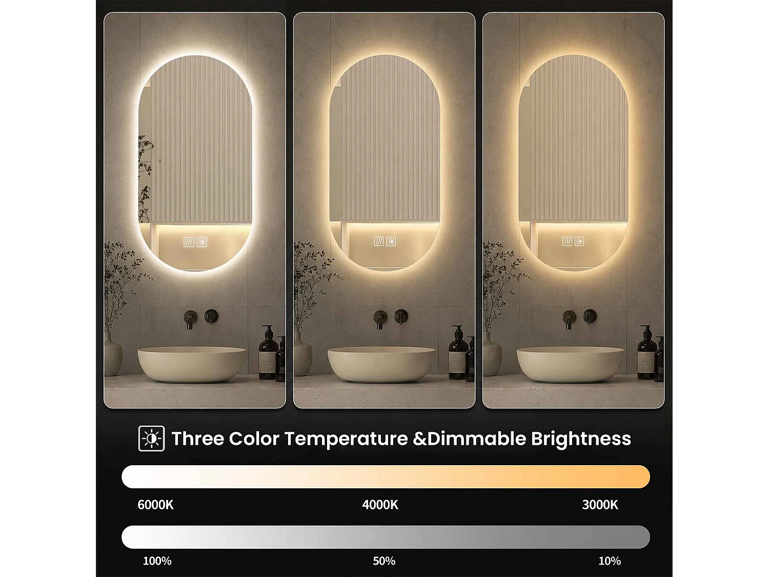 Ovale LED-badkamerspiegel 50×80 cm, anticondens, aanraakbediening, 3 lichte kleuren en instelbare helderheid