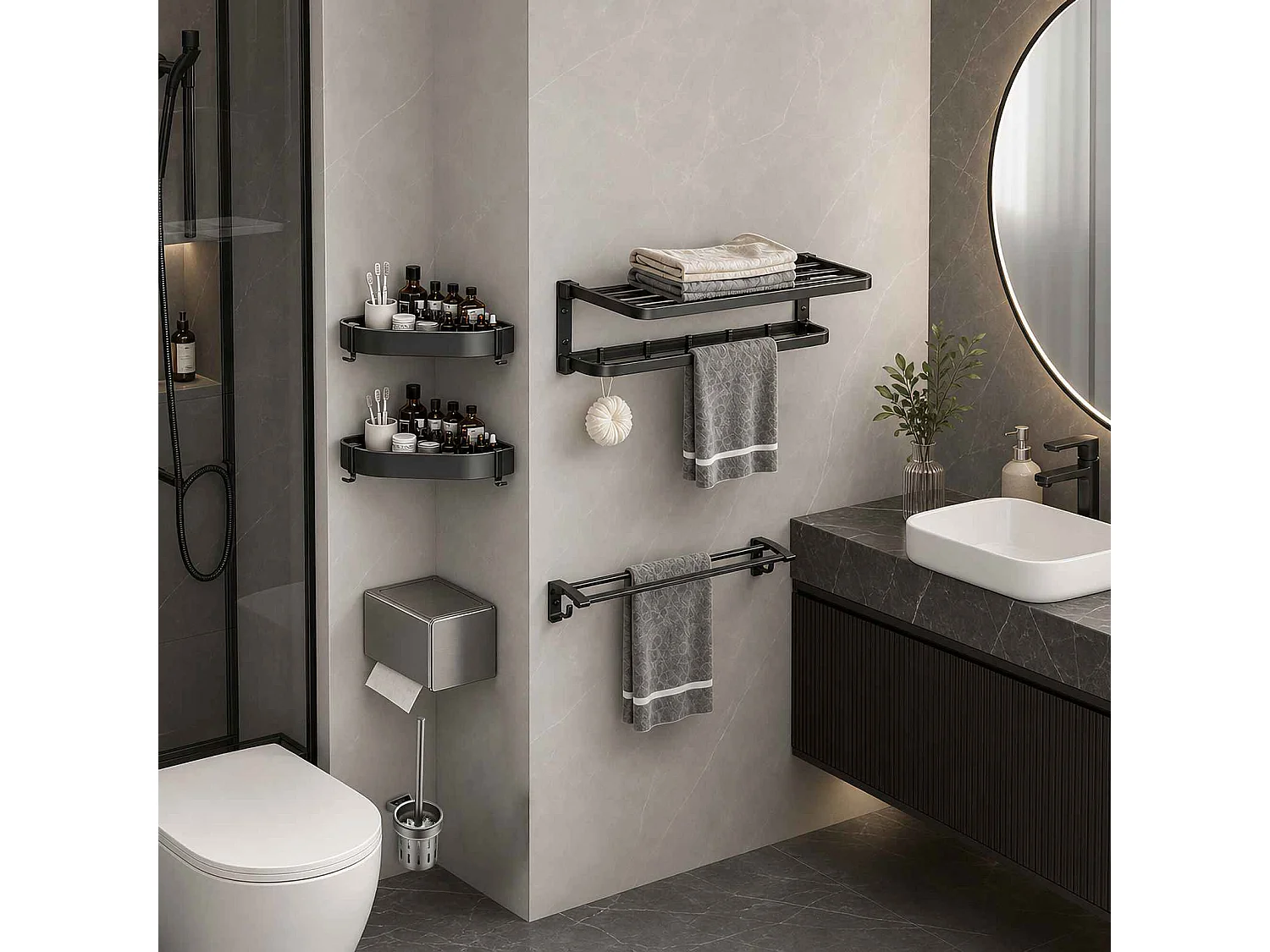 Ensemble accessoires salle de bain aluminium avec étagères, porte-serviettes, porte-papier et brosse WC