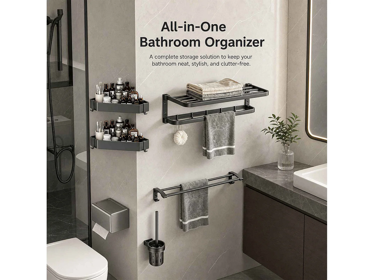 Ensemble accessoires salle de bain aluminium avec étagères, porte-serviettes, porte-papier et brosse WC