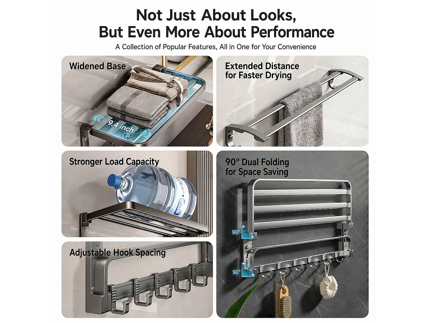Ensemble accessoires salle de bain aluminium avec étagères, porte-serviettes, porte-papier et brosse WC