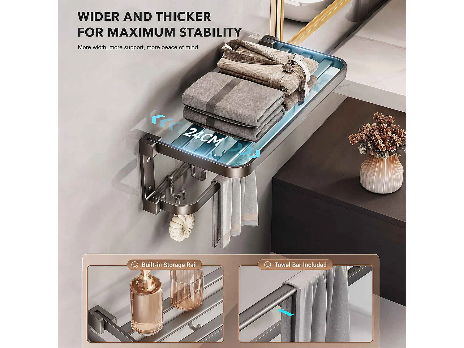 Ensemble accessoires salle de bain aluminium avec étagères, porte-serviettes, porte-papier et brosse WC