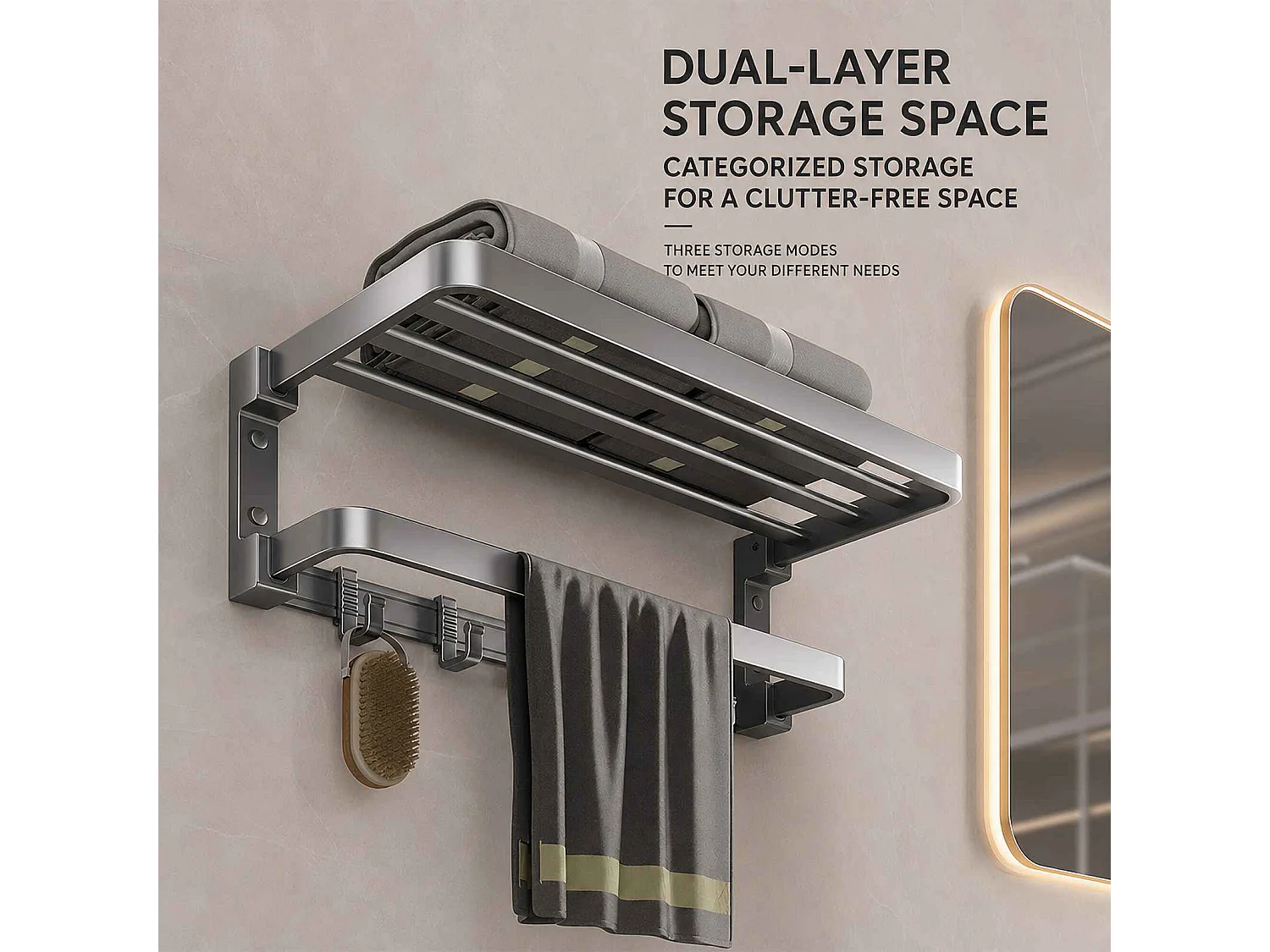 Ensemble accessoires salle de bain aluminium avec étagères, porte-serviettes, porte-papier et brosse WC
