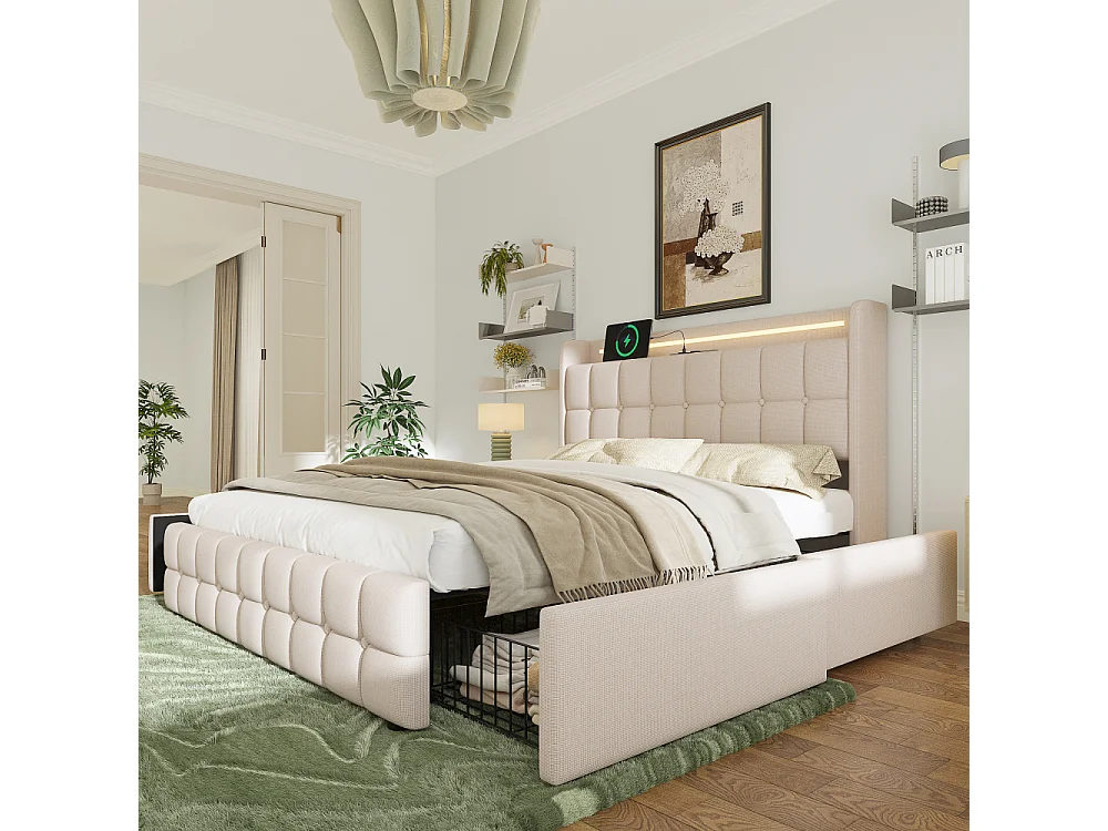 Cama Doble 140x200 cm Beige con USB, LED y 4 Cajones – Estilo Moderno Funcional